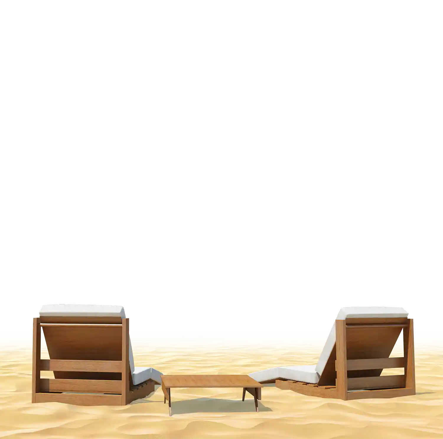 thumb for Beach Lounge Chairs And Table PNG, Outdoor Beach Seating Set PNG, Relaxing Beach Scene PNG, Summer Vacation Furniture PNG, Beachside Retreat PNG, Two Wooden Lounge Chairs With White Cushions An